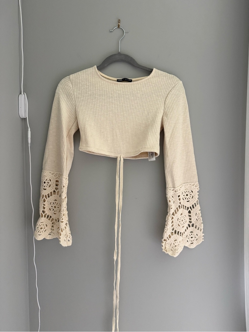 Zara Cream Bell-Sleeve Tie Crop Top